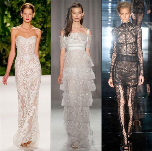 Từ trái qua là các thiết kế của Naeem Khan, Marchesa và Tom Ford