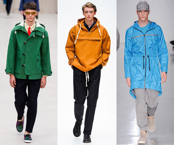 Whether drawing on a military, mountaineering, or nautical tradition, technical outerwear is nothing new. And it sure isn’t going anywhere. But next spring, you can bet it’s gonna be strong on bold statement colors. From left: Burberry Prorsum, Margaret Howell, Christopher Raeburn.