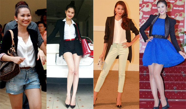 Áo khoác blazer đen được những mỹ nhân như: Kim Hiền; ’nữ hoàng nội y’ Ngọc Trinh, siêu mẫu Thanh Hằng, hoa hậu Ngọc Hân