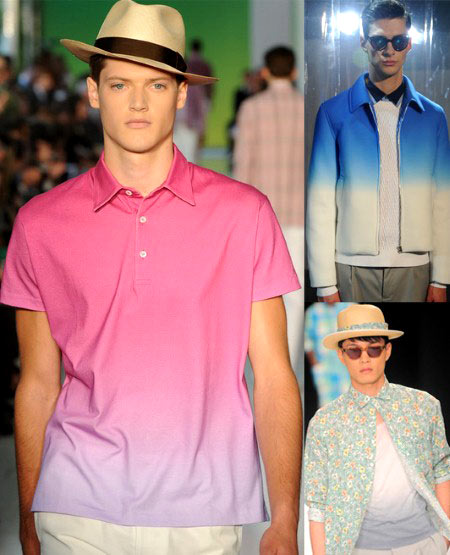 Borrowing from the girls’ trend box, a gentle sprinkling of ombré makes headway as the ultimate summer motif. Clockwise from top left: Richard James; Jonathan Saunders; YMC.