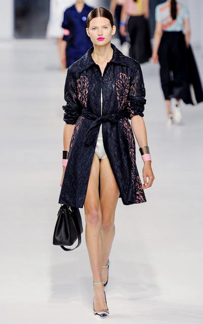 First things first--I’m not suggesting you leave the house wearing no pants! But, this runway look goes a long way in showing off the lace coat, which is a fun alternative to your typical evening wrap or jacket.